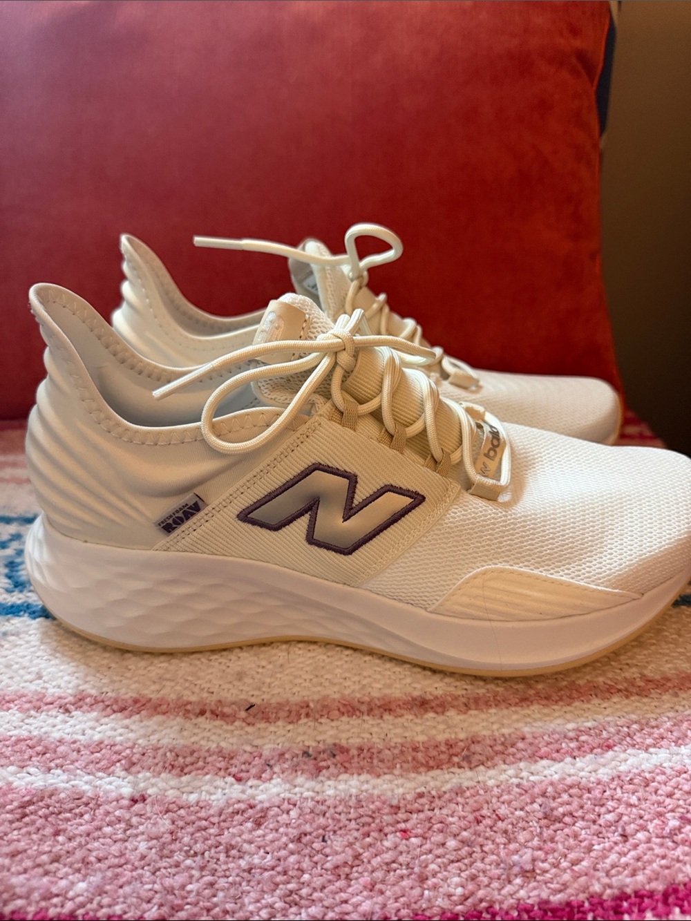 New Balance Women’s Off-White Athletic Lace-Up Sneakers with Purple Logo